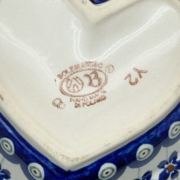 Boleslawiec Pottery Heart Shaped Bowl 6" Peacock Eye Flowers Dish Made in Poland - Picture 6 of 15